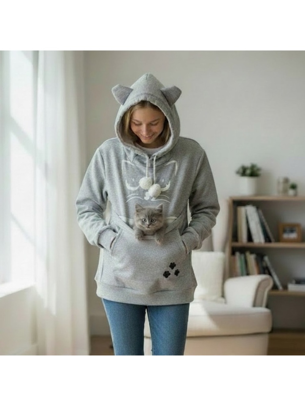Gray Cat Hoodie for Pet Lovers